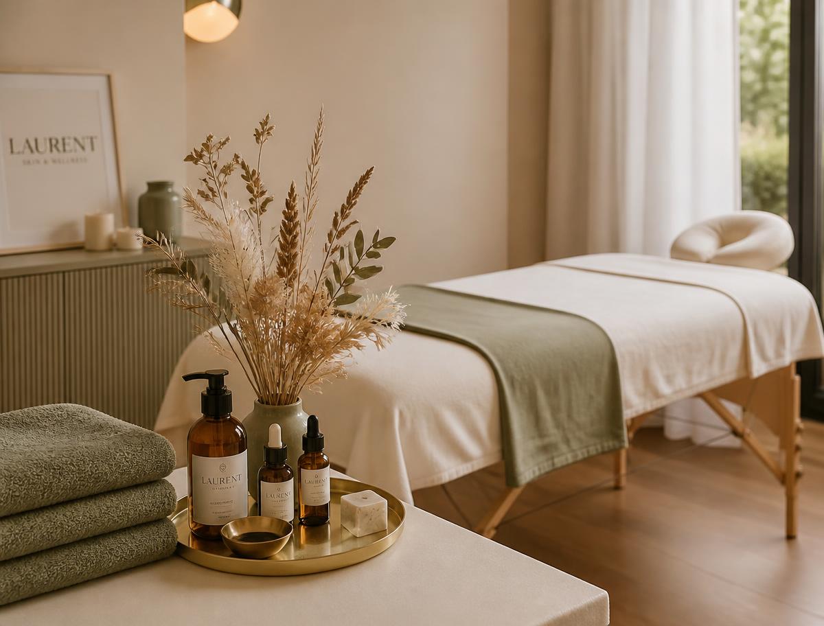 Mobile spa setup with sage towels and skincare